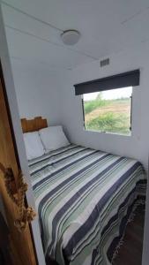 Cama en habitación pequeña con ventana en logement dans Mas mobile home en Saint-Laurent-dʼAigouze