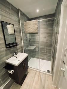 a bathroom with a shower and a sink and a toilet at Clements House Swanage in Swanage