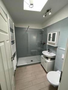 ein Bad mit einer Dusche, einem WC und einem Waschbecken in der Unterkunft Homelig Ferienwohnung 1 Altstadt Sassnitz in Sassnitz
