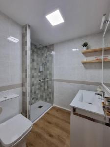 ein Bad mit einer Dusche, einem WC und einem Waschbecken in der Unterkunft Aguadulce, Apto nuevo 2 hab con terraza, Aire, WiFi, a 5 min de la playa in Aguadulce