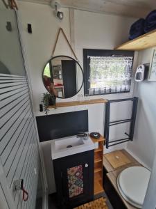uma pequena casa de banho com um lavatório e um espelho em La Charmotte, tiny House insolite 