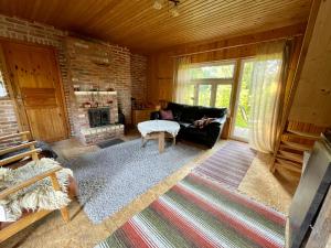 uma sala de estar com um sofá e uma lareira em Allika-Löövi Sauna Cabin em Suure-Jaani