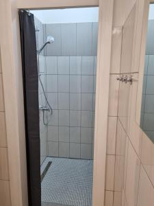a bathroom with a shower with a glass door at Lägenhet/Studio Grand in Jajce +10 photos