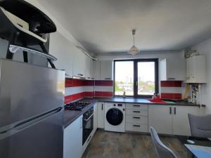 北瑪麥亞–納沃達里的住宿－Mamaia Apartament Familia & Copilul，厨房配有冰箱和炉灶。 顶部烤箱