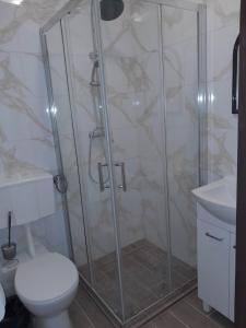 a bathroom with a shower with a toilet and a sink at Pokoje goscinne in Kołobrzeg