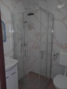 a shower in a bathroom with a toilet and a sink at Pokoje goscinne in Kołobrzeg