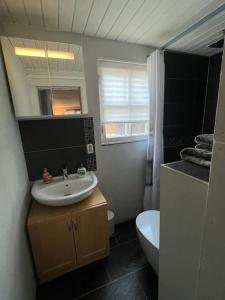 a bathroom with a sink and a toilet at Romantische Holzhütte für zwei 