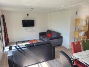 a living room with a couch and a flat screen tv at The Cabin Getaway in Derry Londonderry