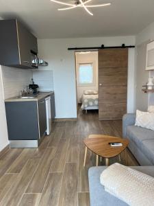 eine Küche und ein Wohnzimmer mit einem Sofa und einem Tisch in der Unterkunft Belle vue in Cap d'Agde