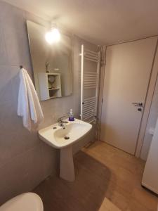 un bagno con lavandino, WC e specchio di Thalassa apartment Perea a Perea