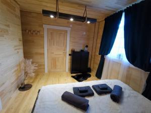 a bedroom with a bed with two blue pillows on it at Provinces Idille in Gulbene