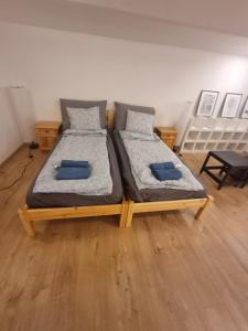 two twin beds in a room with wooden floors at Pipa utca 6 in Budapest
