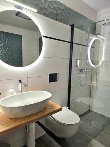 a bathroom with a sink and a toilet and a mirror at Zacisze Nad Nidą Resort in Pińczów