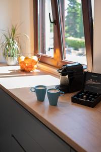 two cups sitting on a kitchen counter with a toaster at Vitamin Sea in Poreč