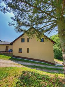 a house with a tree in front of it at Penzion Peklo in Jeseník