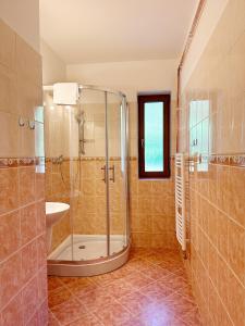 y baño con ducha y lavamanos. en Penzion Peklo, en Jeseník