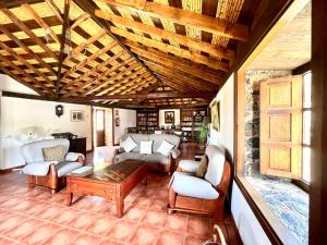 a living room filled with furniture and a wooden ceiling at Apto en caserío rural con cocina, piscina, Wifi, barbacoa y jardín compartidos in San Miguel de Abona