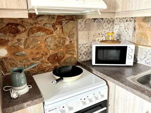 a kitchen with a stove and a microwave at Lovinna Luxury Appartments in Kalymnos