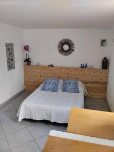 ein Schlafzimmer mit einem Bett mit zwei blauen Kissen in der Unterkunft Studio avec jacuzzi privatif. in Grasse