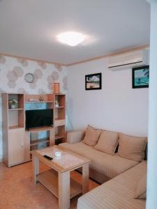 a living room with a couch and a table at Apartmani LJUBICA in Utjeha