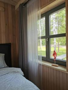 Schlafzimmer mit einem Bett und einem Fenster in der Unterkunft Pirtsmāja diviem Līčezeri in Balvi