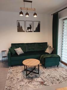 a living room with a green couch and a table at Pokoje Gościnne ZYCH - Domek in Chochołów