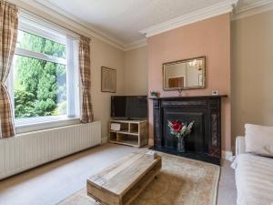 salon z kominkiem i lustrem w obiekcie Cosy 2 bedroom house in the heart of Morpeth w mieście Morpeth