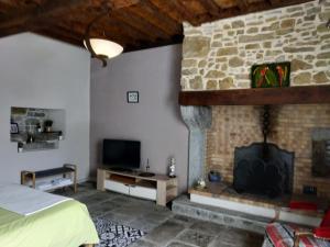 a bedroom with a fireplace and a bed and a tv at Belle Béarnaise in Bidos