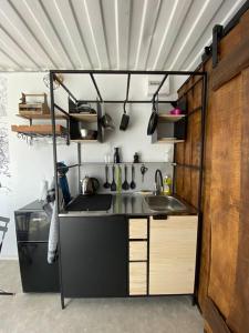 eine Küche mit einer Spüle und einer Arbeitsplatte in der Unterkunft Conteneur face aux vignes in Massillargues-Attuech