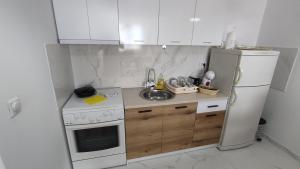 a small kitchen with a refrigerator and a sink at Sunny Guest House in Skopje