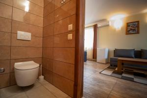 a bathroom with a toilet and a couch in a room at Taverna & Rooms in Sutivan