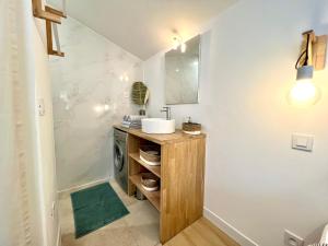 ein Badezimmer mit einem Waschbecken und einer Waschmaschine in der Unterkunft Suite ~ Romance Estivale ~ à 15 min de Lyon in Miribel