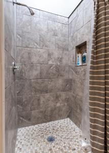 a bathroom with a shower with a tiled shower at Derby City Urban Oasis in Louisville