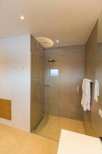 uma casa de banho com um chuveiro e uma porta de vidro em Apt. Hotel Hjalteyri em Hjalteyri