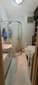 a bathroom with a shower and a sink and a washing machine at An Easy Transport and Quiet Apartment in Istanbul in Istanbul