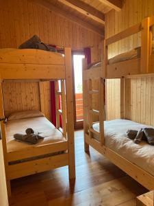 2 letti a castello in una camera in legno con finestra di Baita “Oasi della Volpe” a Cà Paini