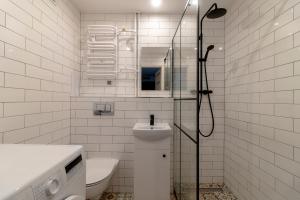 La salle de bains est pourvue de toilettes, d'un lavabo et d'une douche. dans l'établissement Apartament Żółty Stół, à Ustka