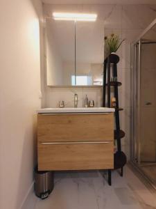 a bathroom with a sink and a mirror at T2 Magellan Centre-ville - Clim Wifi Terrasse - ROSSIconciergerie - Linge inclus in La Grande-Motte