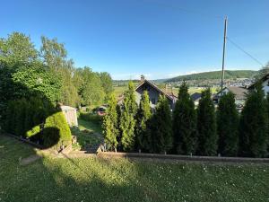 a garden with trees and a house in the background at Bähnleblick Blumberg in Blumberg