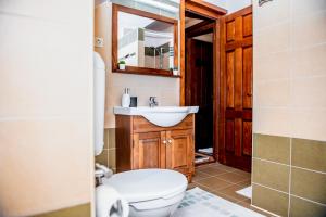 a bathroom with a toilet and a sink and a mirror at Central Chalet in Vărşag +49 photos