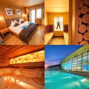 a collage of photos of a hotel room with a pool at TALHEIMER Grias di & Hoamat since 1958 inklusive Therme TAUERN SPA & Jokercard in Saalbach Hinterglemm