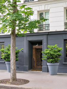 uma árvore num pátio em frente a um edifício em Hôtel Gaston em Paris