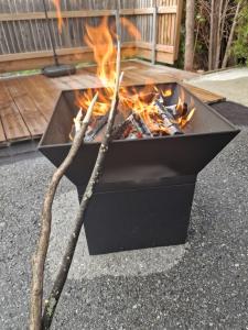 a fire pit with a stick in front of it at Haus Knoll in Imsterberg