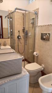 La salle de bains est pourvue d'une douche, de toilettes et d'un lavabo. dans l'établissement Alghero Apartments, à Alghero