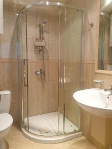 a shower with a glass door next to a sink at Elisa Studio in Byala