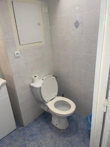 une salle de bain avec des toilettes blanches dans une chambre dans l'établissement Magnifique studio en bord de mer, à Calvi