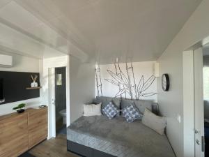 een woonkamer met een grijze bank met kussens bij Luxury Mobile Home Marbella 167 -Terra Park SpiritoS in Kolan