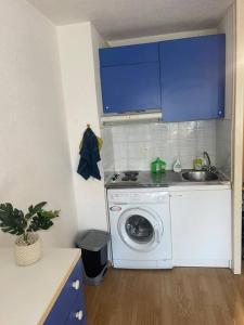 une cuisine avec une machine à laver et un évier dans l'établissement Magnifique studio en bord de mer, à Calvi