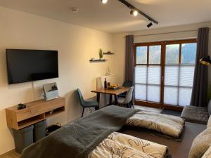 a bedroom with a bed and a desk with a television at Apartment Wildbert mit Blick auf die Donau, nur Feriengäste willkommen, keine Arbeiterunterkunft! in Obernzell