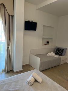 a room with a bed and a television on a wall at Hotel Platon in Nei Poroi